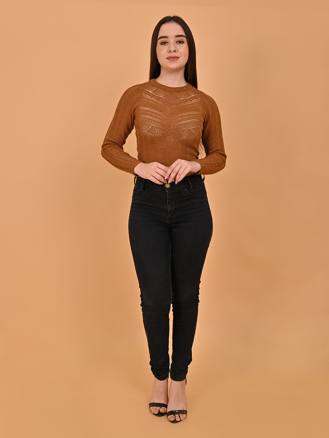 Acrylic Round Neck with Full Sleeve Brown sweater