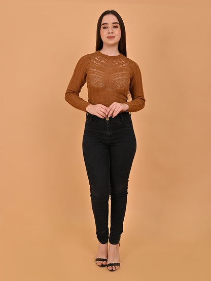 Acrylic Round Neck with Full Sleeve Brown sweater