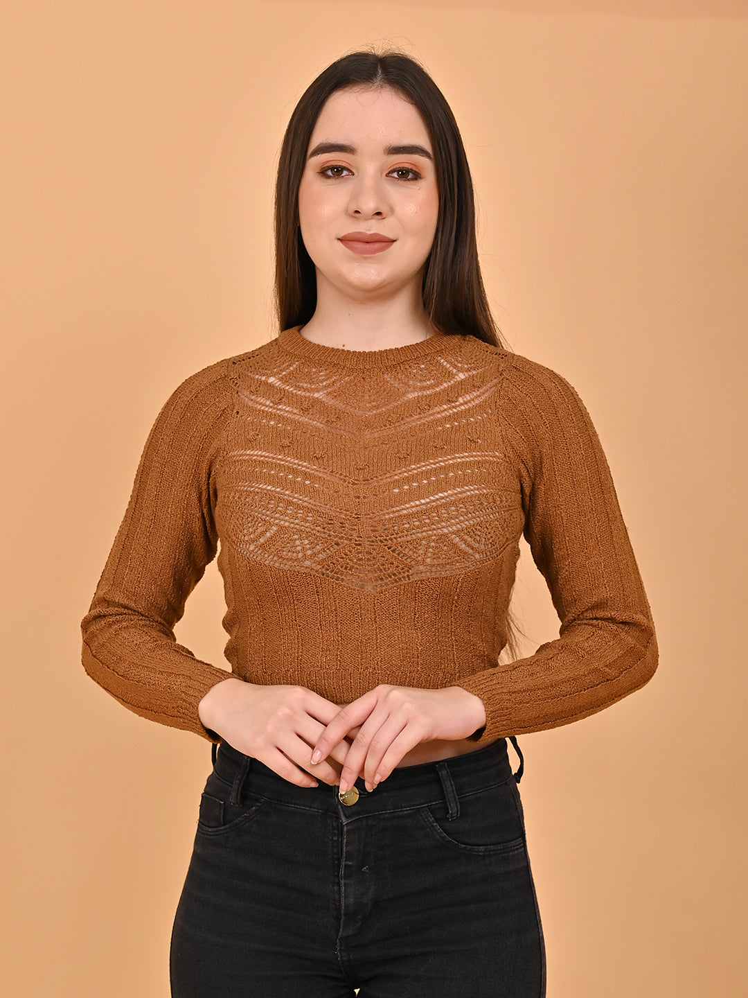 Acrylic Round Neck with Full Sleeve Brown sweater