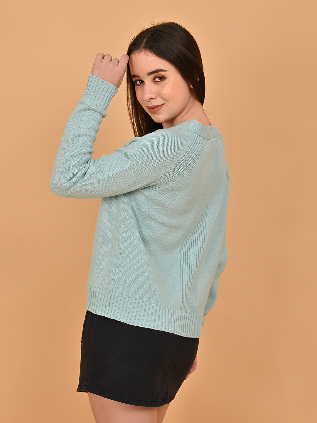 Acrylic Full Sleeve Front Button Closure Blue Cardigan