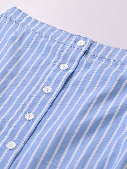 Cotton Light Blue Button-Adorned Cotton Fitted Skirt