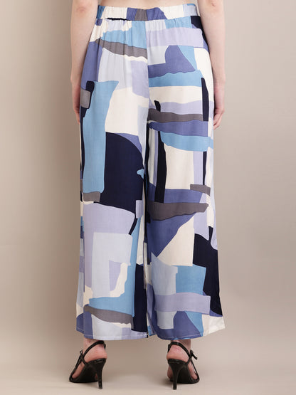 Rayon Printed Blue with Elasticated Waist Flared Palazzos