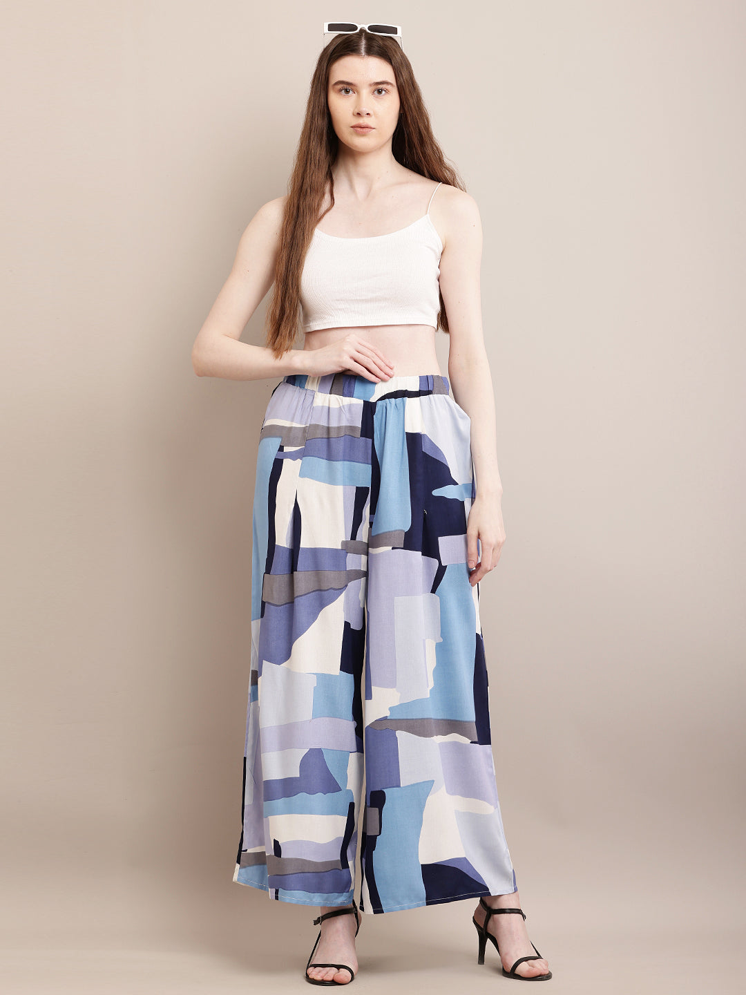 Rayon Printed Blue with Elasticated Waist Flared Palazzos