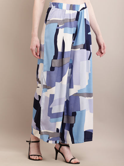 Rayon Printed Blue with Elasticated Waist Flared Palazzos