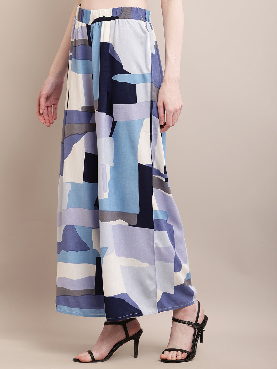 Rayon Printed Blue with Elasticated Waist Flared Palazzos