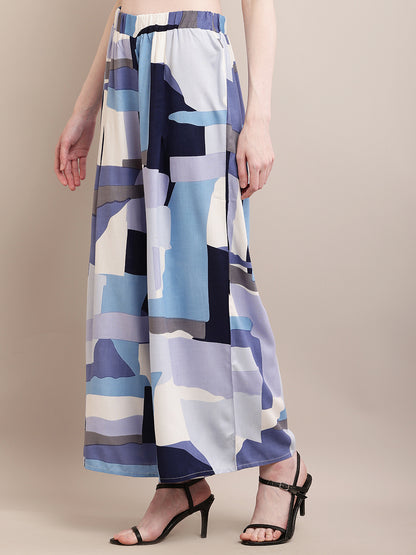 Rayon Printed Blue with Elasticated Waist Flared Palazzos