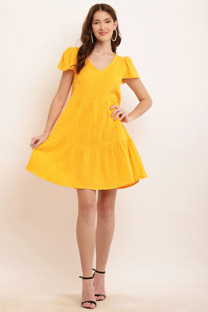 Cotton V-neck with Short Puff Sleeve Shift Yellow Dress