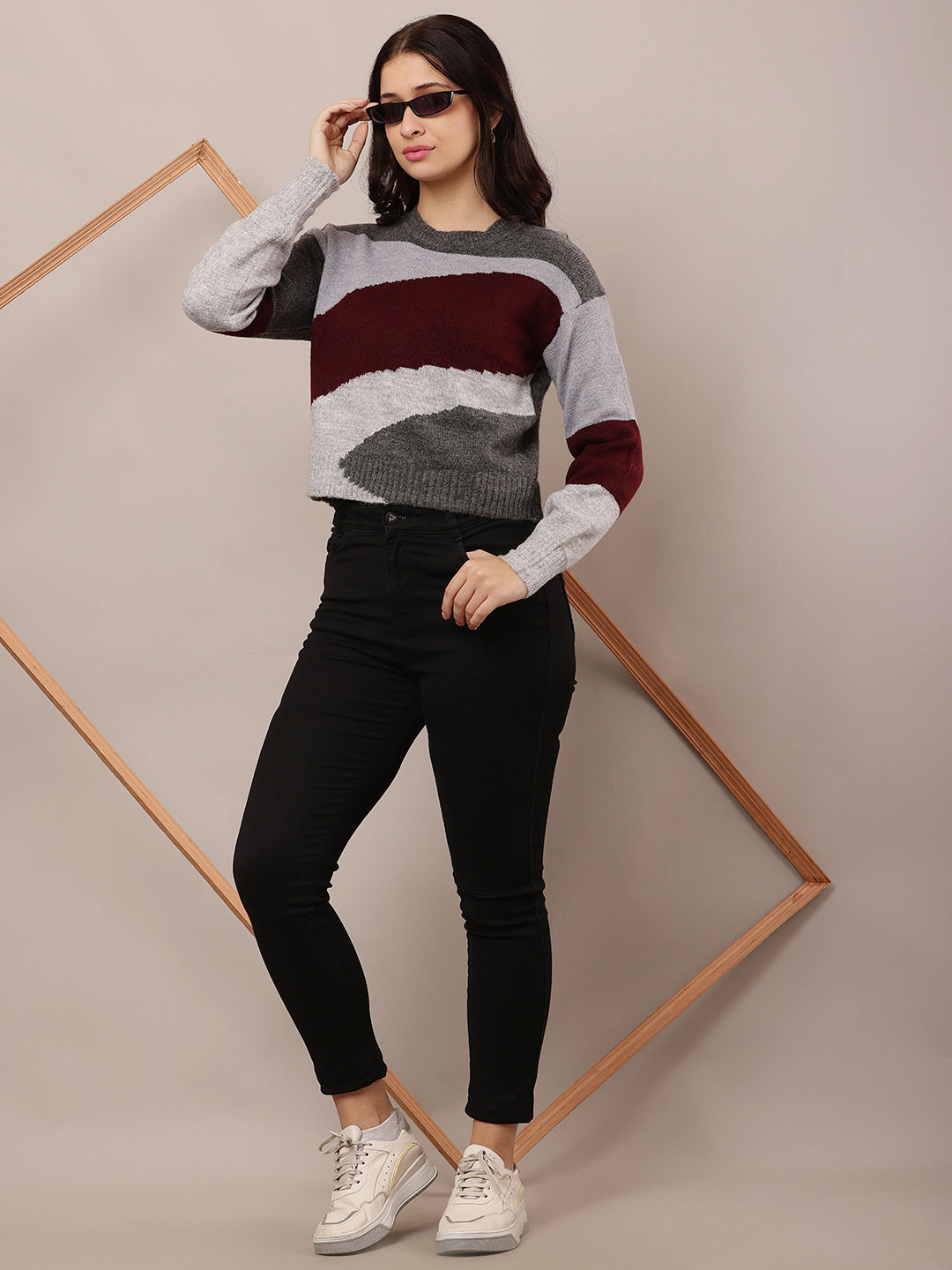 Acrylic Round Neck Sweater with Full Sleeves Multicolour Sweater