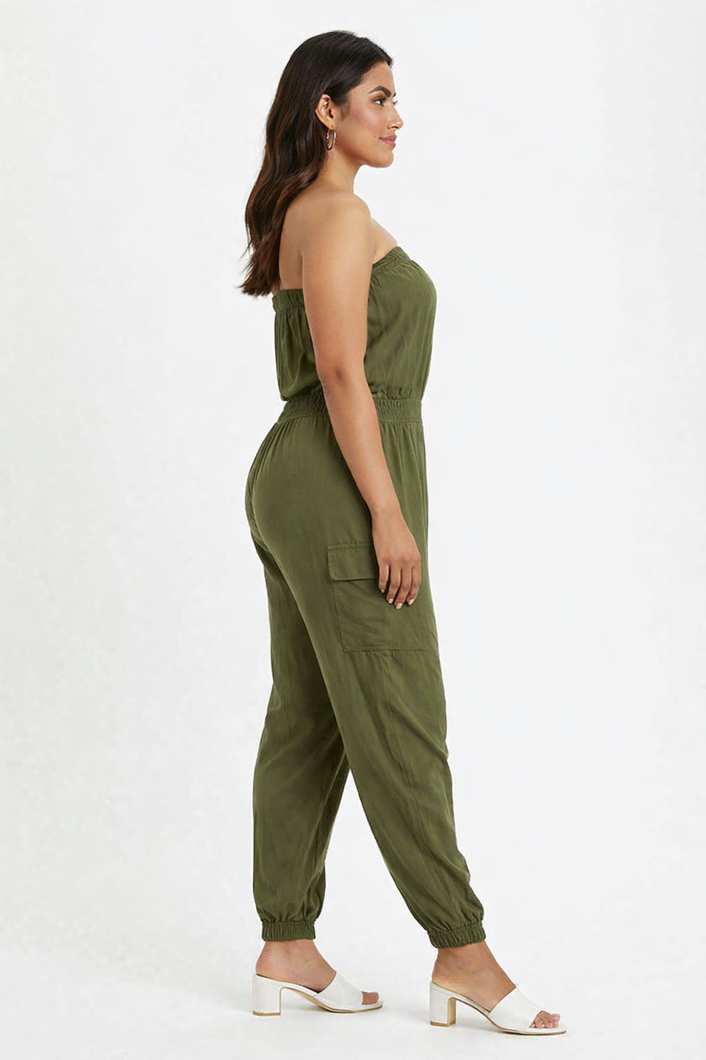 Solid Dark Green Tube Jumpsuit | Strapless Elastic Waist Casual Full-Length Jumpsuit