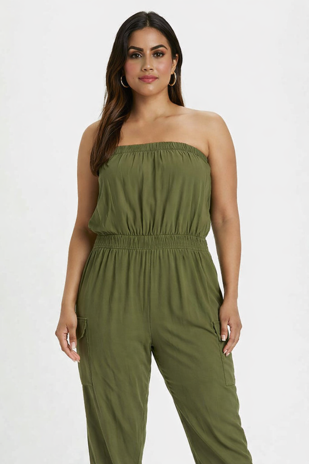 Solid Dark Green Tube Jumpsuit | Strapless Elastic Waist Casual Full-Length Jumpsuit