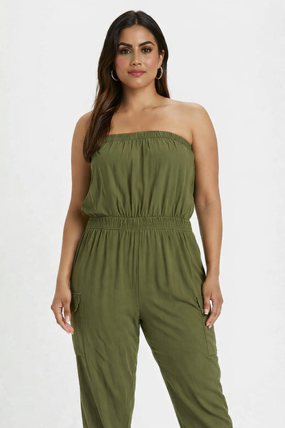 Solid Dark Green Tube Jumpsuit | Strapless Elastic Waist Casual Full-Length Jumpsuit