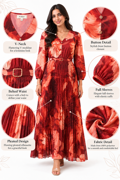 Multi Floral Printed Pleated Maxi Dress with V-Neck, Full Sleeves and Belted Waist