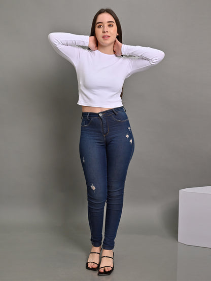 Polyester White Full Sleeve Solid Fitted Crop Top