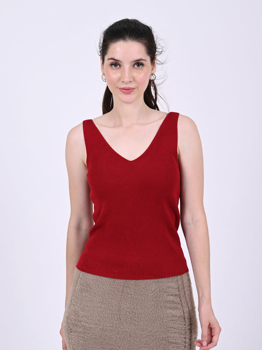 Acrylic Sleeveless with V-neck Ribbed Red Top