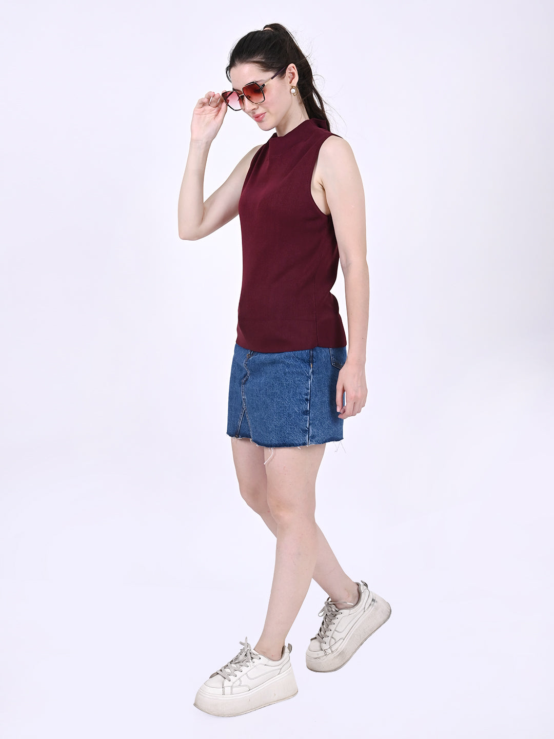 Viscose Sleeveless with Turtle Neck Ribbed Maximum Stretchable Wine Top