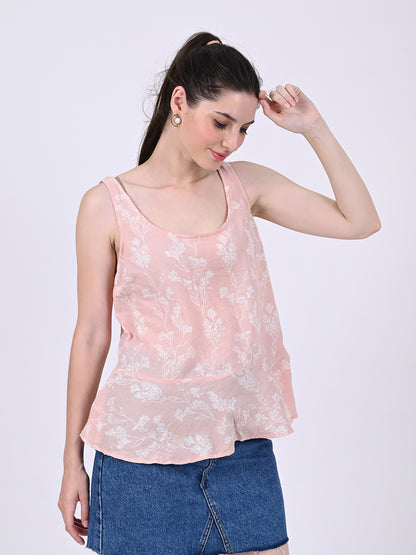 Cotton Sleeveless with Round Neck Printed Light Peach summer Top