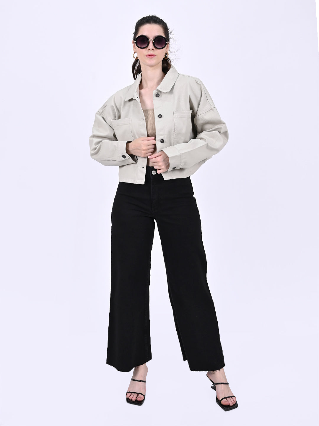 Cotton Full Sleeve with Shirt Collar Button-Down Crop Beige jacket