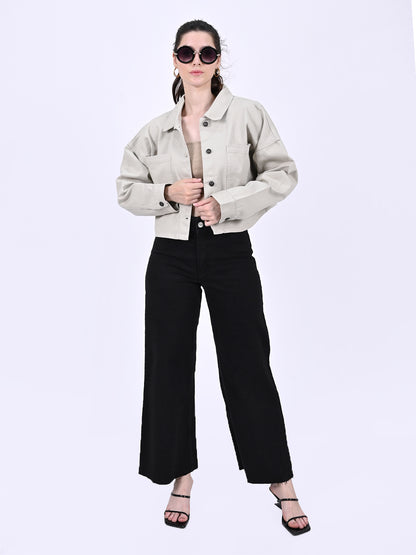 Cotton Full Sleeve with Shirt Collar Button-Down Crop Beige jacket