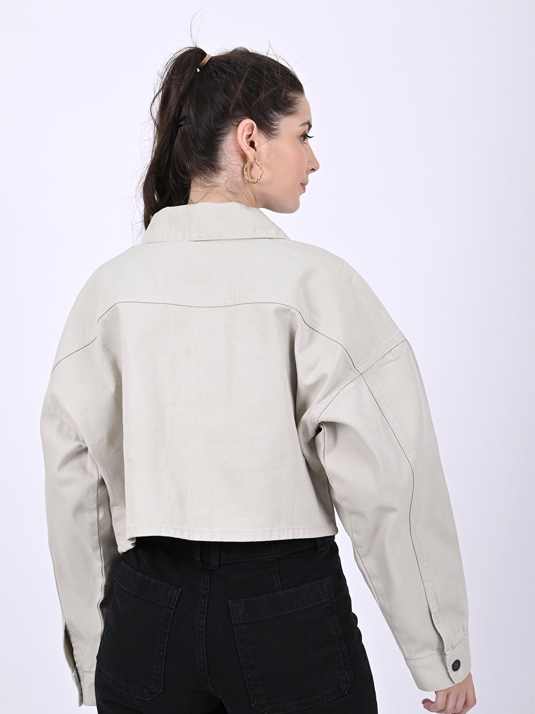 Cotton Full Sleeve with Shirt Collar Button-Down Crop Beige jacket