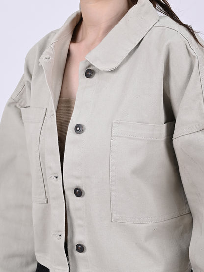 Cotton Full Sleeve with Shirt Collar Button-Down Crop Beige jacket