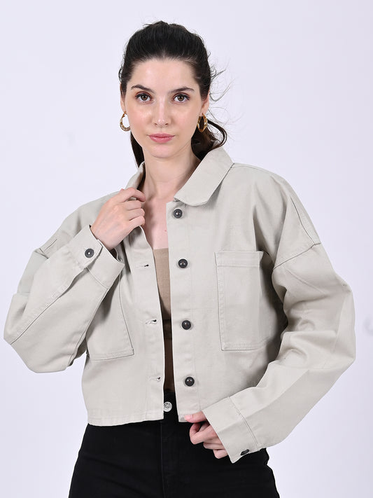 Cotton Full Sleeve with Shirt Collar Button-Down Crop Beige jacket