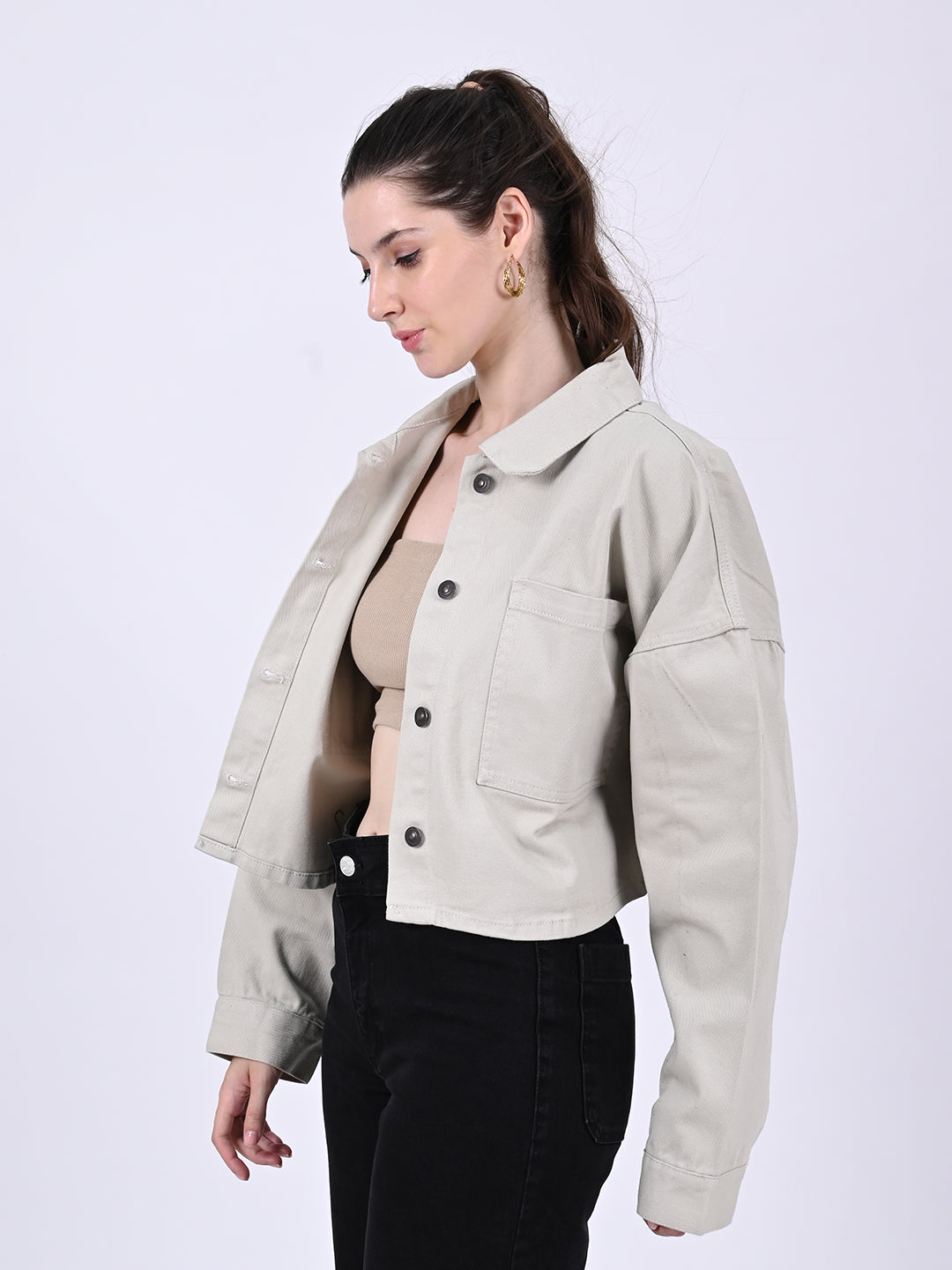 Cotton Full Sleeve with Shirt Collar Button-Down Crop Beige jacket