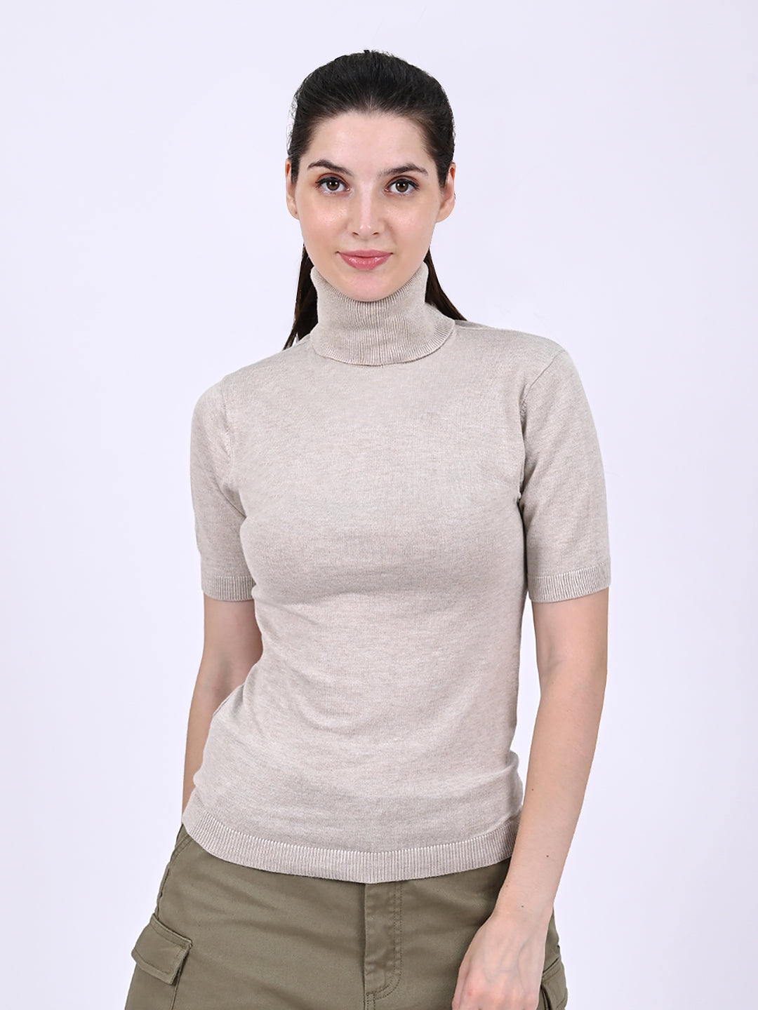 Viscose High Neck with short sleeve Beige Top