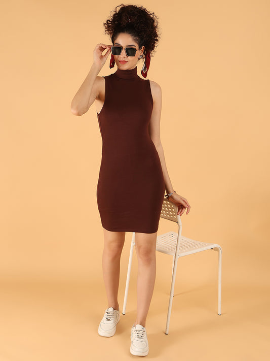 High Neck Bodycon Mini Dress – Brown | Sleeveless Stretchable Fit