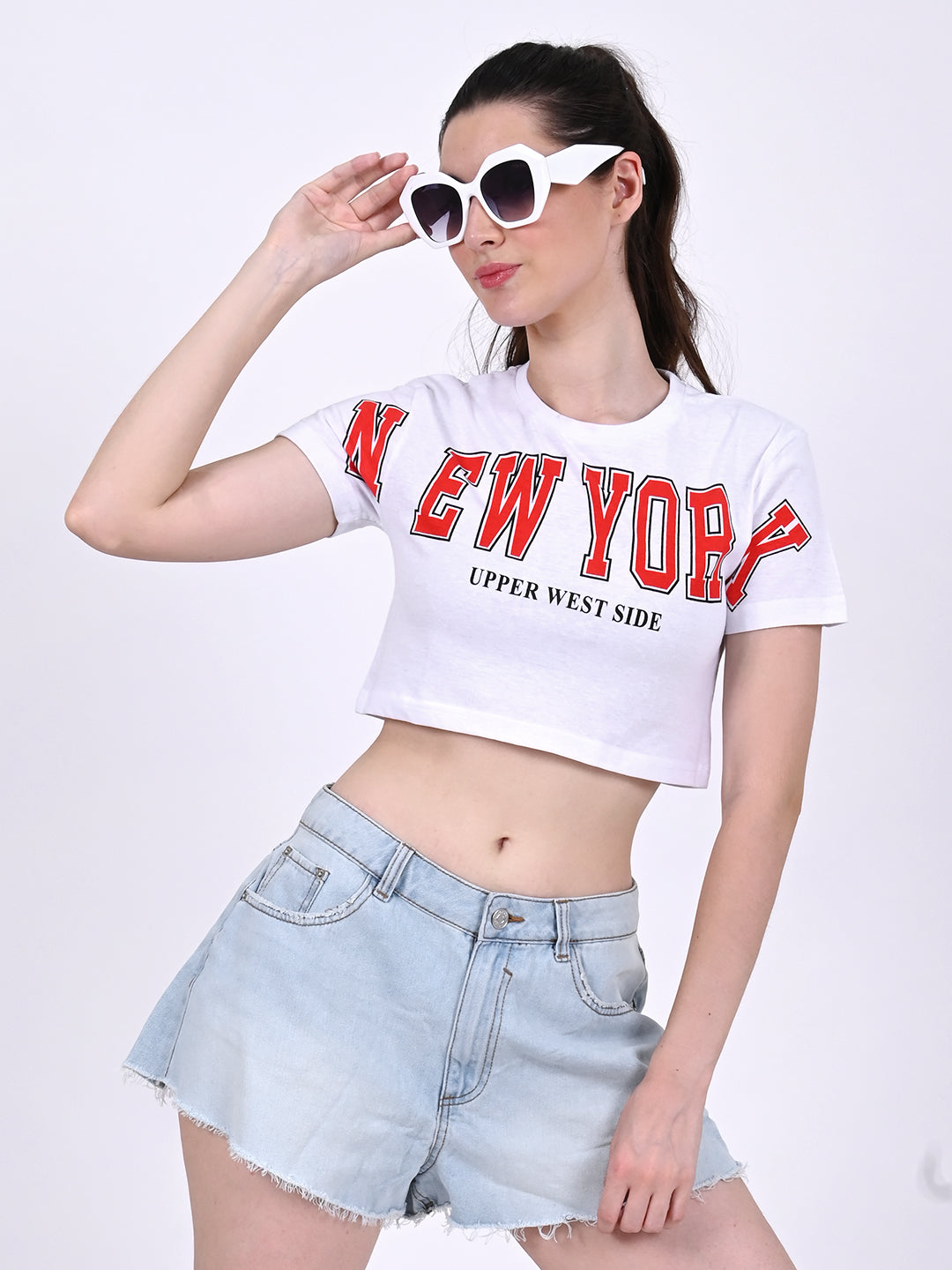 Cotton Round Neck with short sleeve White Crop Top T-Shirt