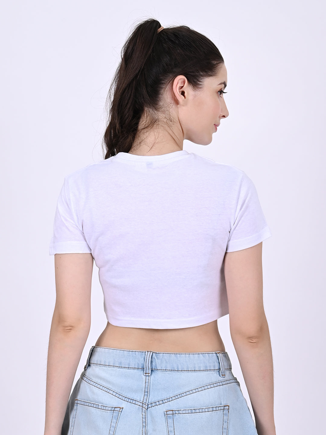 Cotton Round Neck with short sleeve White Crop Top T-Shirt