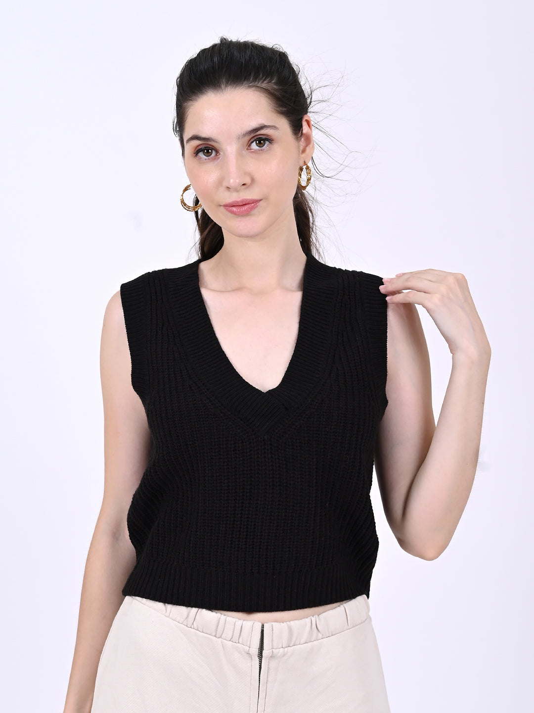 V-neck with sleeveless acrylic Black Cable knit vest sweater