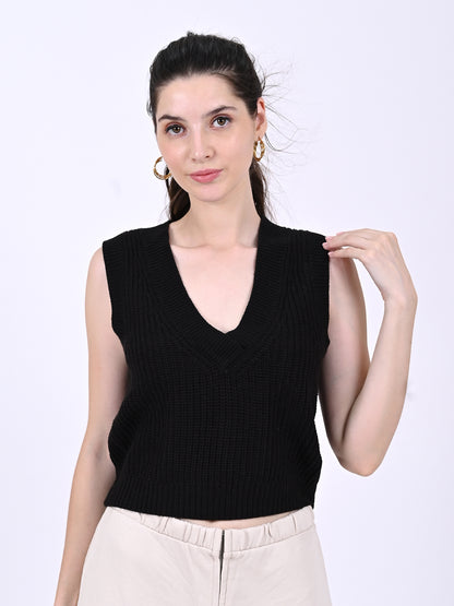 V-neck with sleeveless acrylic Black Cable knit vest sweater