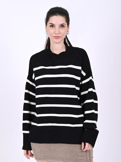 Viscose Round Neck with Full Sleeve dropped shoulders Rib-Knit Black Sweater
