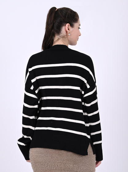 Viscose Round Neck with Full Sleeve dropped shoulders Rib-Knit Black Sweater