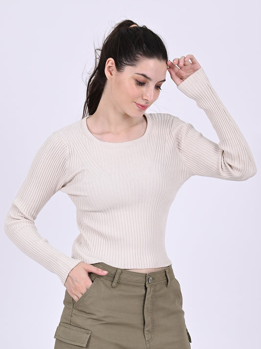 Viscose Round Neck with Full Sleeve stretchable Fitted Ribbed Cream Top