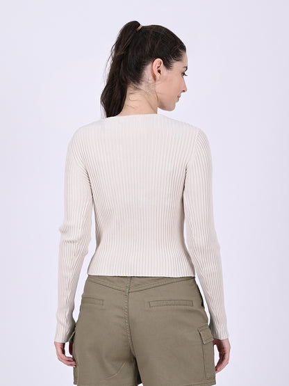 Viscose Round Neck with Full Sleeve stretchable Fitted Ribbed Cream Top