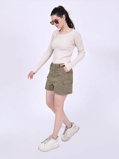Viscose Round Neck with Full Sleeve stretchable Fitted Ribbed Cream Top