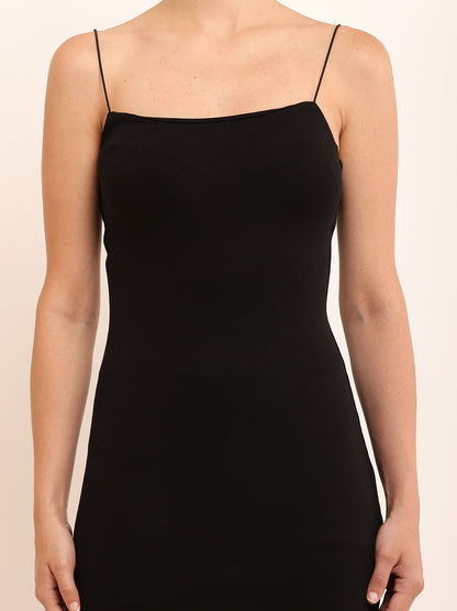 Black Mini Bodycon Dress with Maximum Stretch Cotton, Square Neck, and Spaghetti Straps