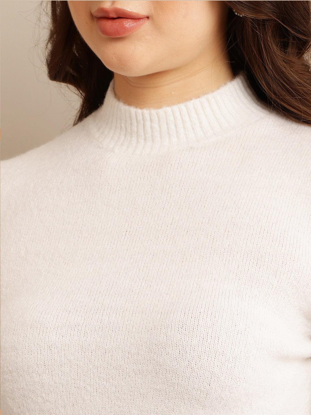 Off-White Sweater with Maximum Stretch Acrylic, High Neck, and Full Sleeves