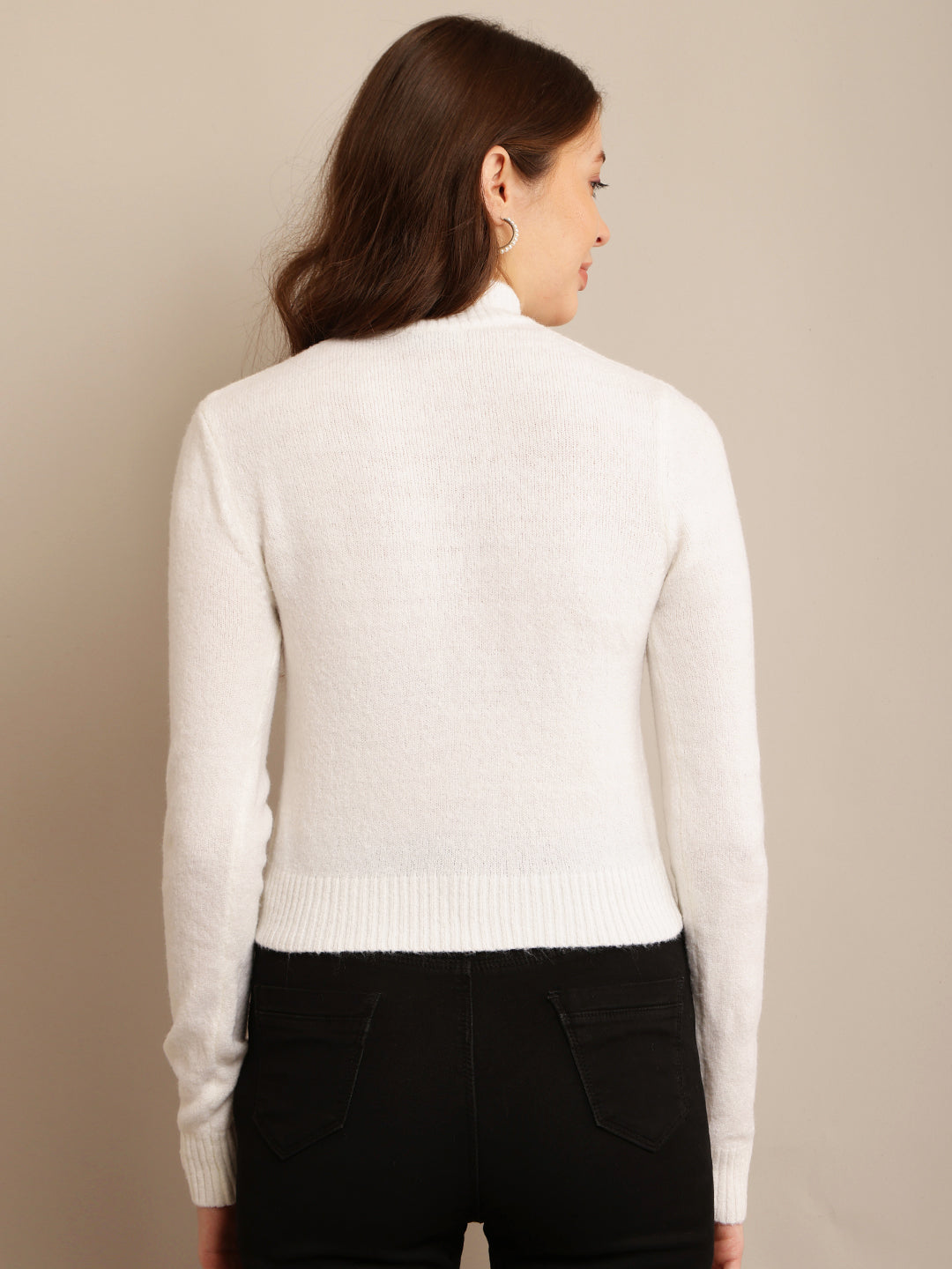 Off-White Sweater with Maximum Stretch Acrylic, High Neck, and Full Sleeves