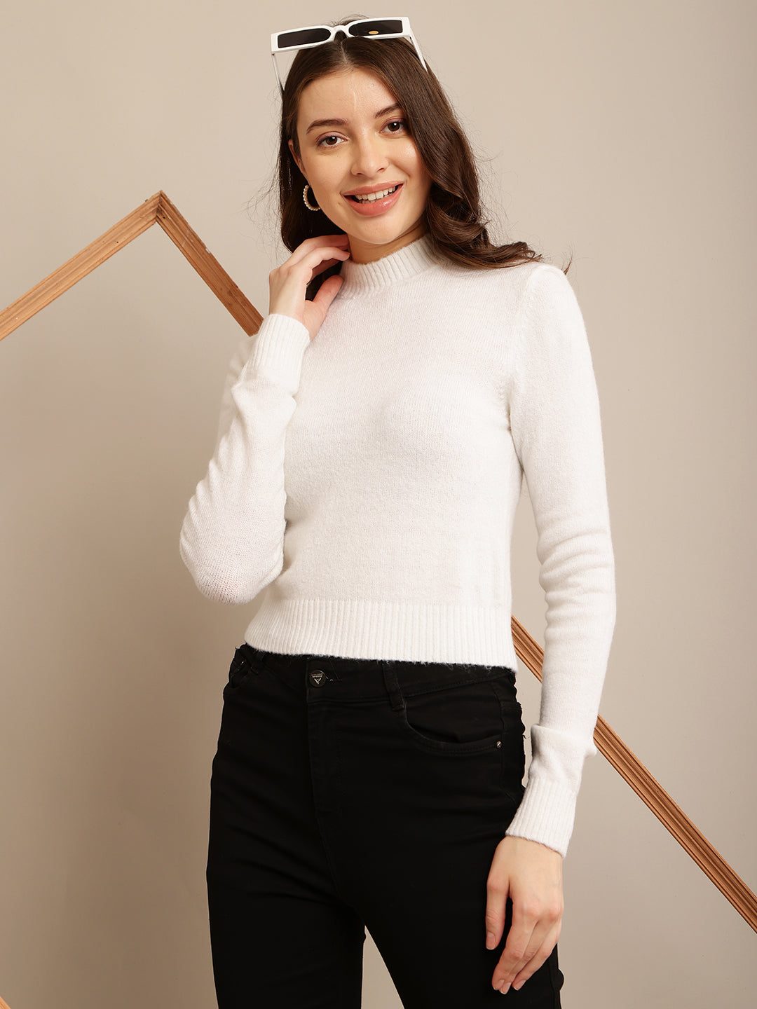 Off-White Sweater with Maximum Stretch Acrylic, High Neck, and Full Sleeves