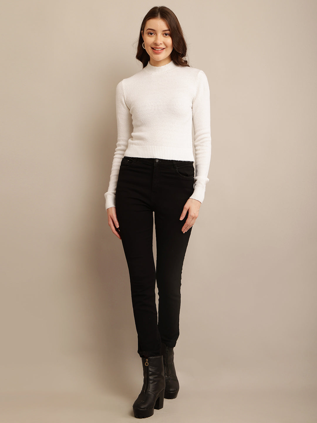 Off-White Sweater with Maximum Stretch Acrylic, High Neck, and Full Sleeves