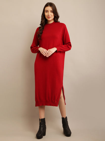 Viscose Full sleeve with High neck Red Straight dress