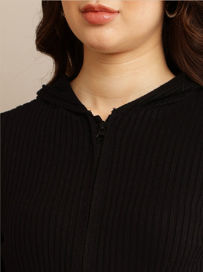 Black Ribbed Hooded Cropped Sweater with Maximum Stretch Cotton