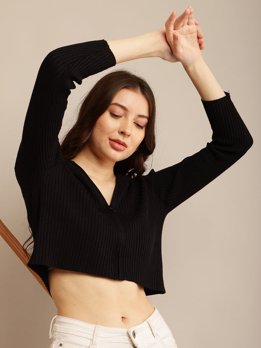 Black Ribbed Hooded Cropped Sweater with Maximum Stretch Cotton