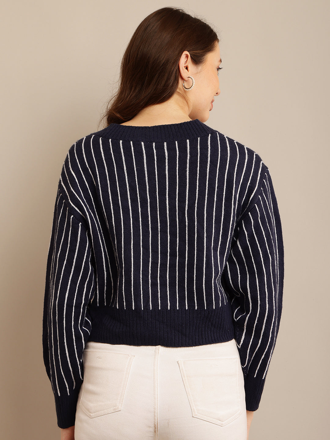 Dark Blue Striped Cardigan with Acrylic Full Sleeves and V-Neck