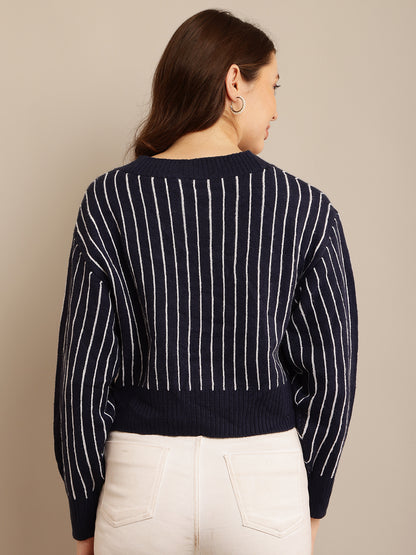 Dark Blue Striped Cardigan with Acrylic Full Sleeves and V-Neck