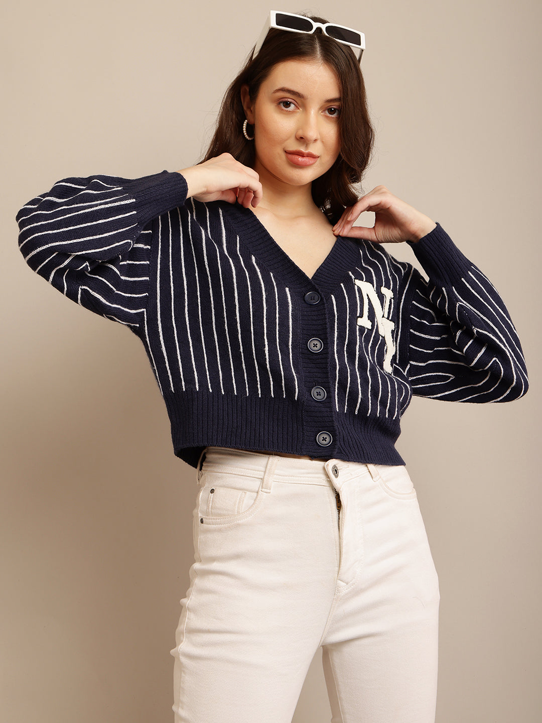 Dark Blue Striped Cardigan with Acrylic Full Sleeves and V-Neck