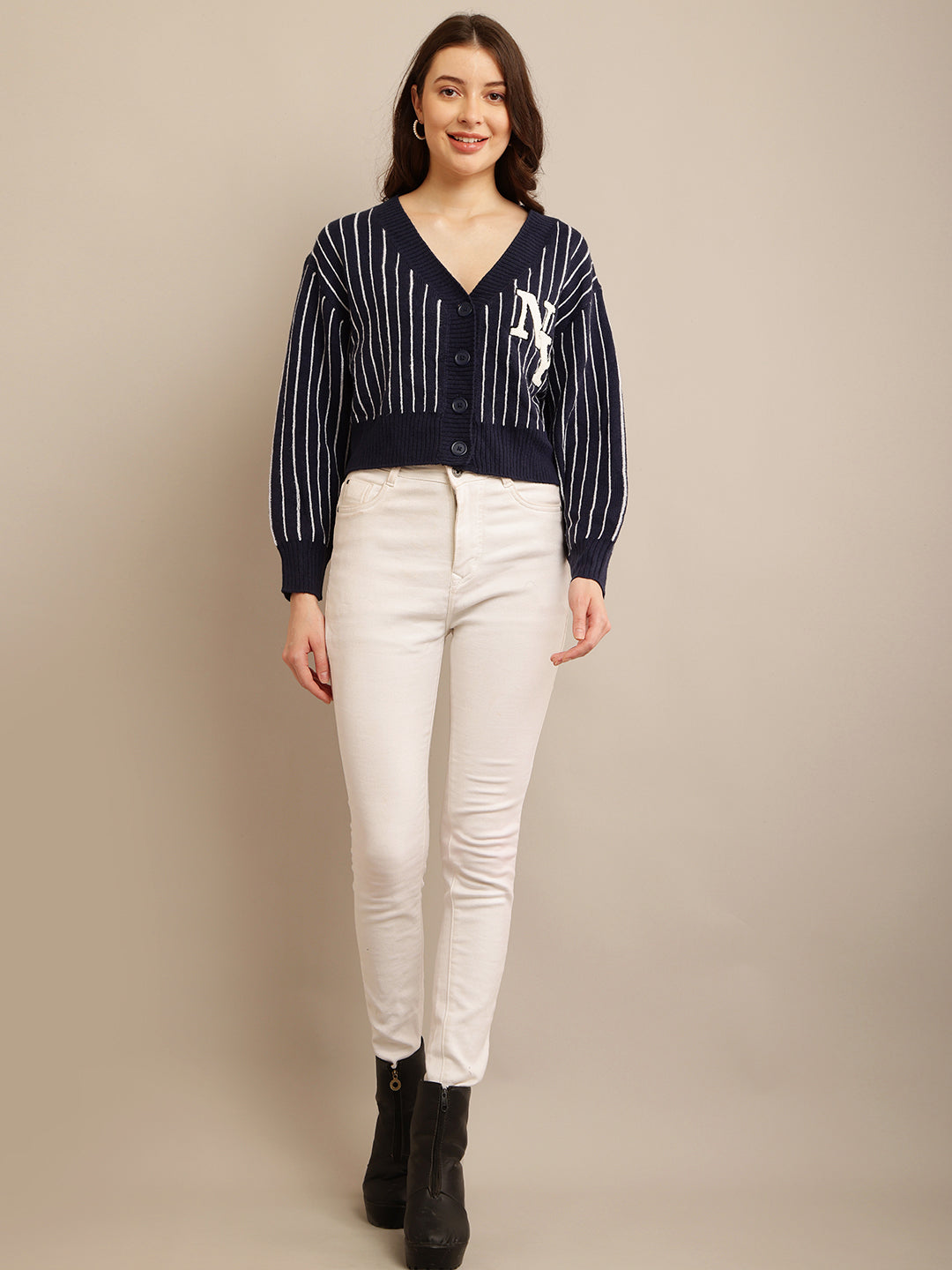 Dark Blue Striped Cardigan with Acrylic Full Sleeves and V-Neck