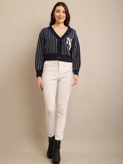 Dark Blue Striped Cardigan with Acrylic Full Sleeves and V-Neck